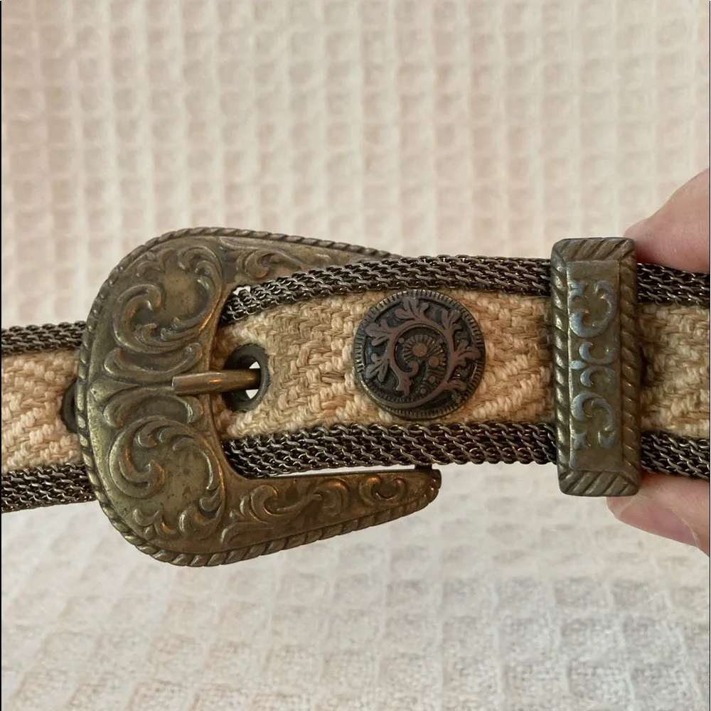 Sand Castle Vintage Metal, Mesh, Fabric And Leather Belt